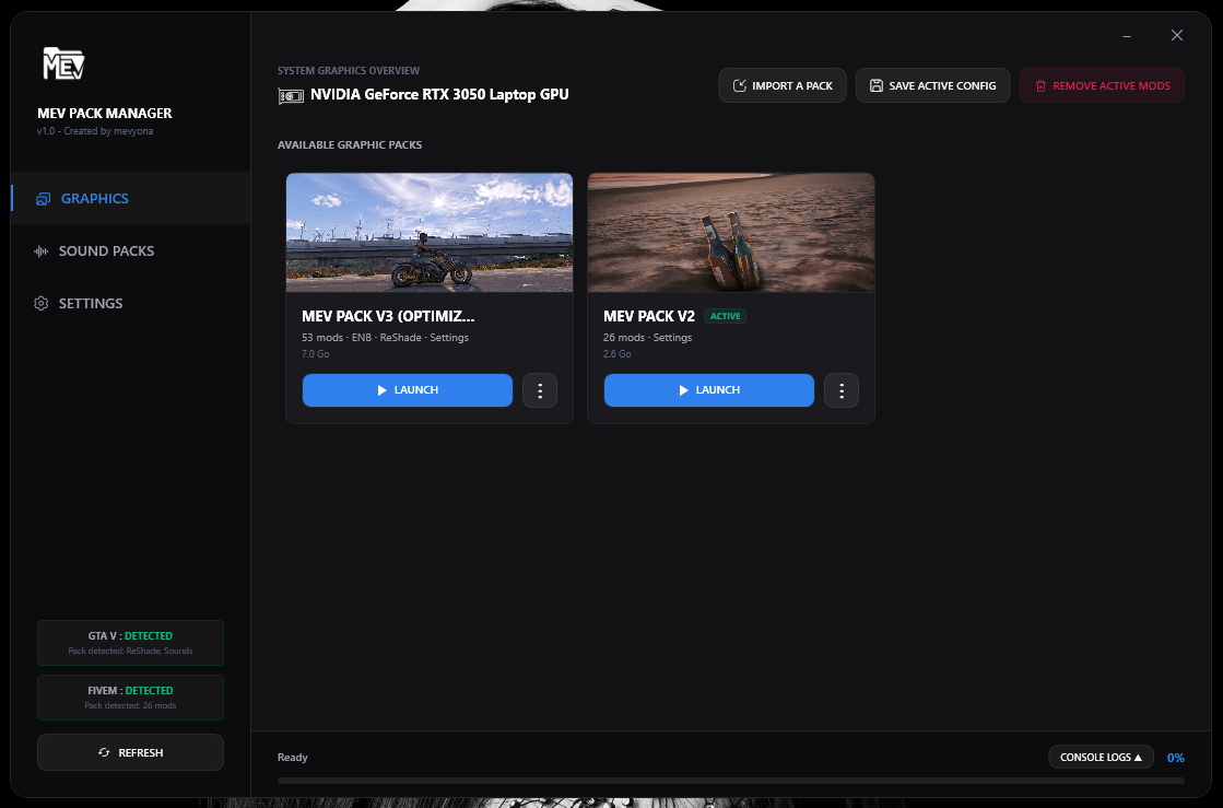 MEV Pack Manager interface showing graphic pack cards